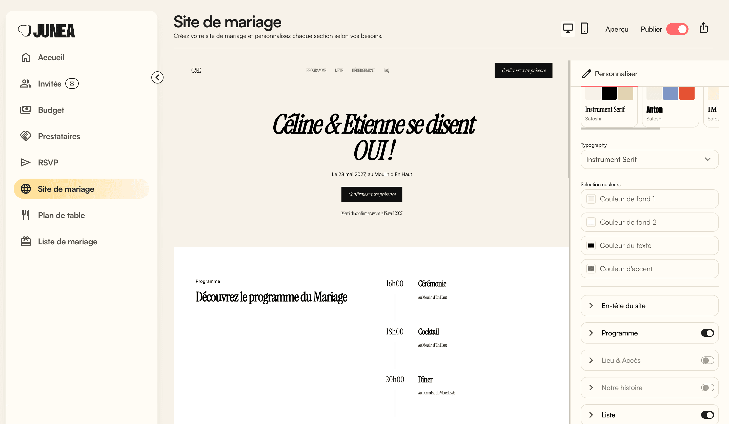 Junéa wedding site builder
